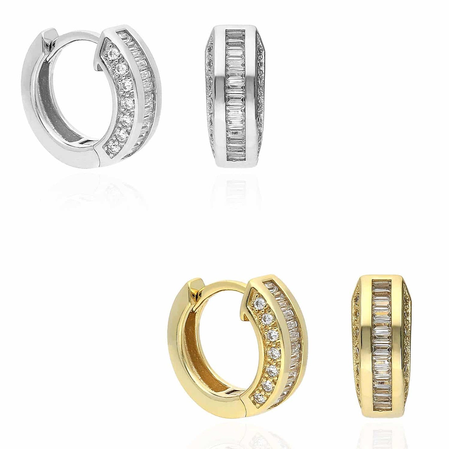 Yellow White Gold Over Silver Channel Baguette Round CZ Huggie Hoop Earrings