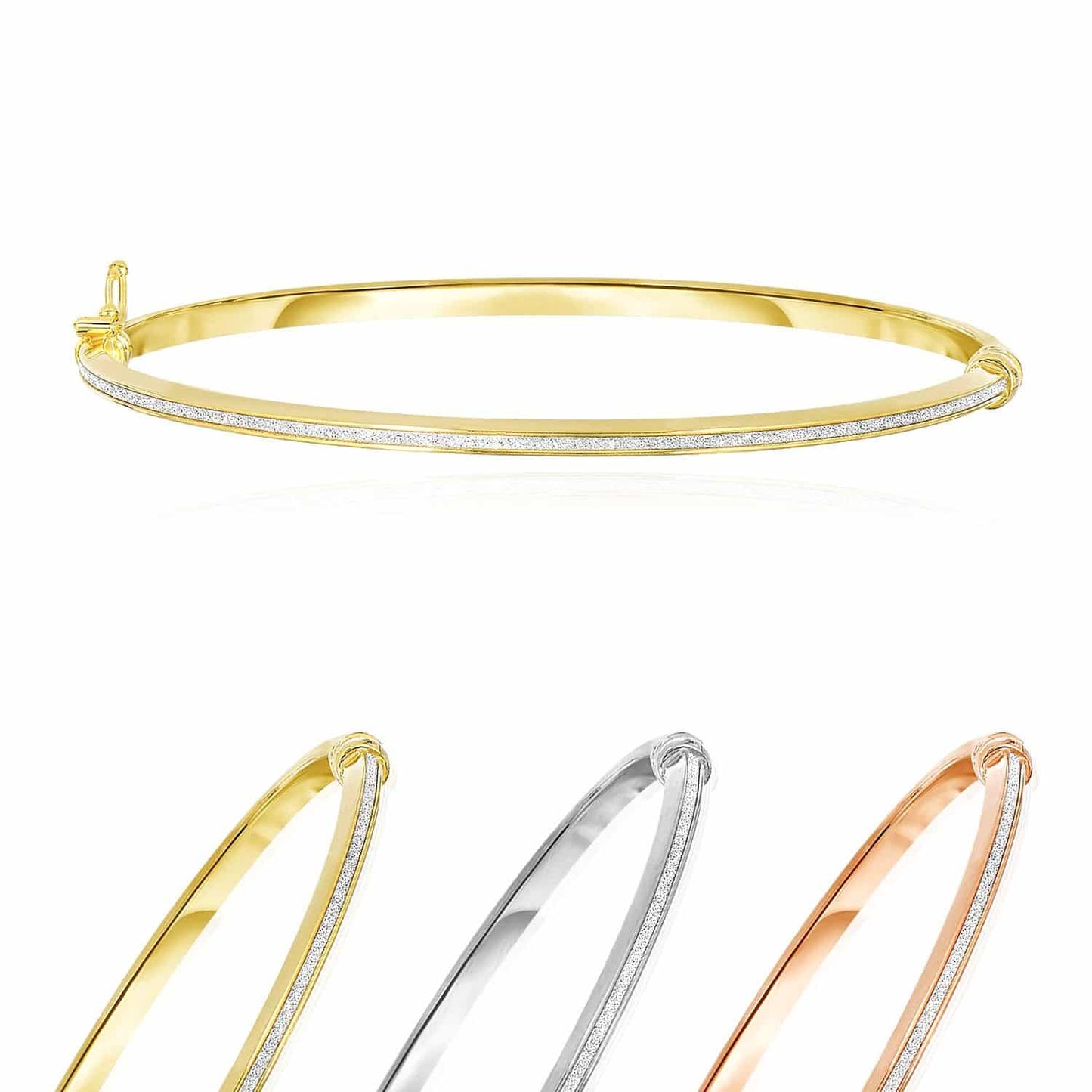14K Gold Yellow Rose White 3mm White Glitter Stripe Shiny Bangle With Side Clasp