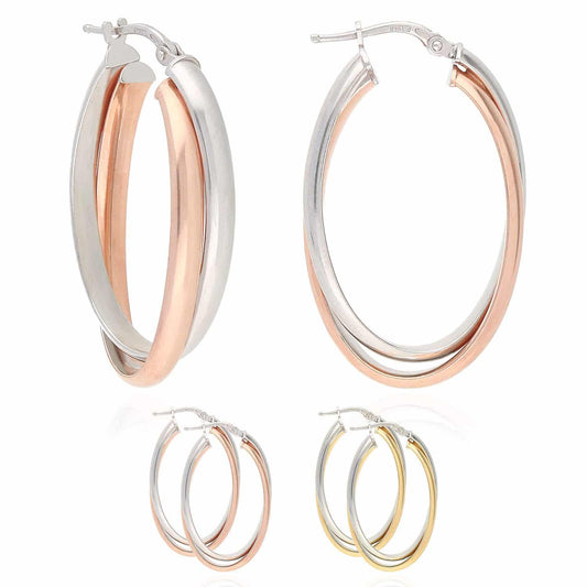 Yellow Rose White Gold Two-Tone Over 925 Silver Shiny Double Oval Hoop Earrings