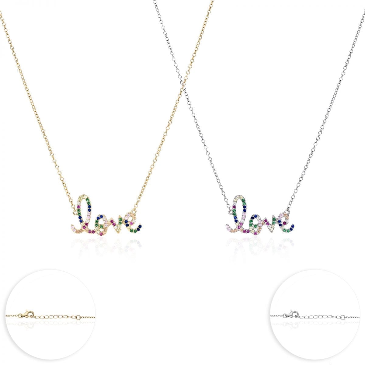 925 Sterling Silver Gold Plated 1mm Multicolor CZ Love Necklace 16.5-18"
