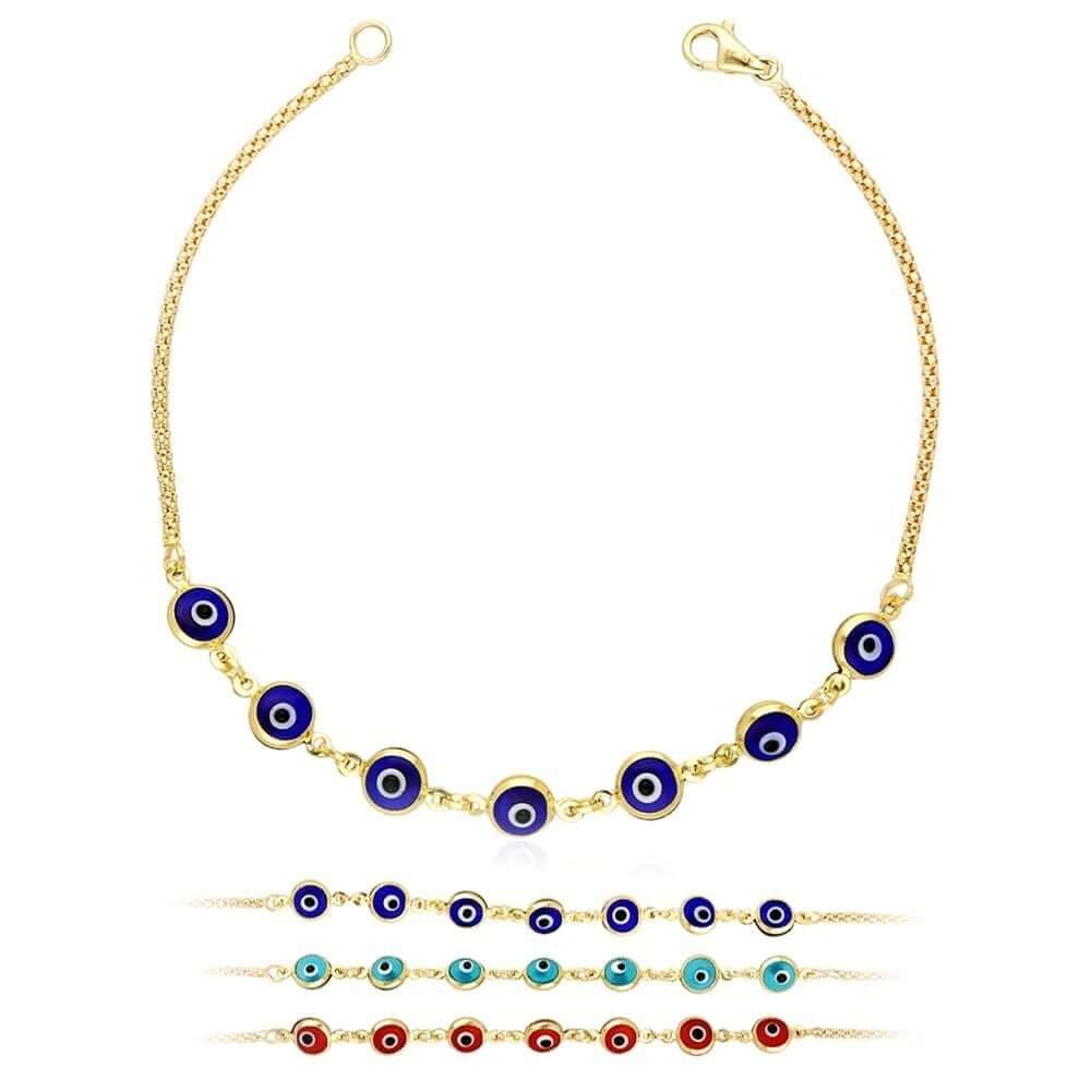 14K Yellow Gold Bezel Evil Eye Popcorn Bracelet 7"