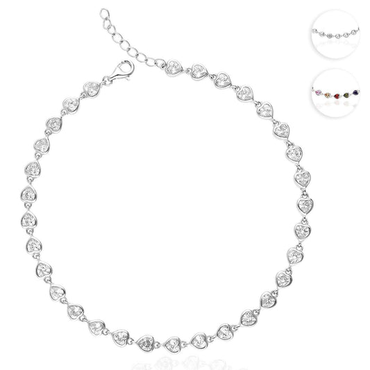 Sterling Silver Bezel-Set Heart Multicolor White CZ Anklet (Solid Links) 10"-11" Adjustable