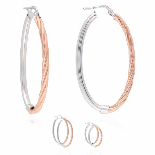 White Rose Gold Tone Over 925 Silver Half Shiny Half Twisted Oval Hoop Earrings