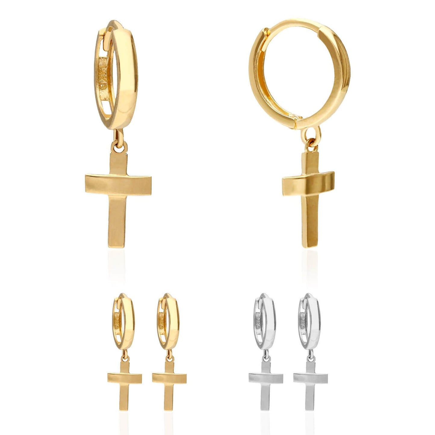 14K Solid Yellow White Gold Cross Huggie Hoop Earrings