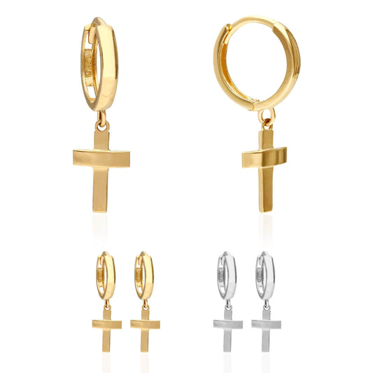 14K Solid Yellow White Gold Cross Huggie Hoop Earrings