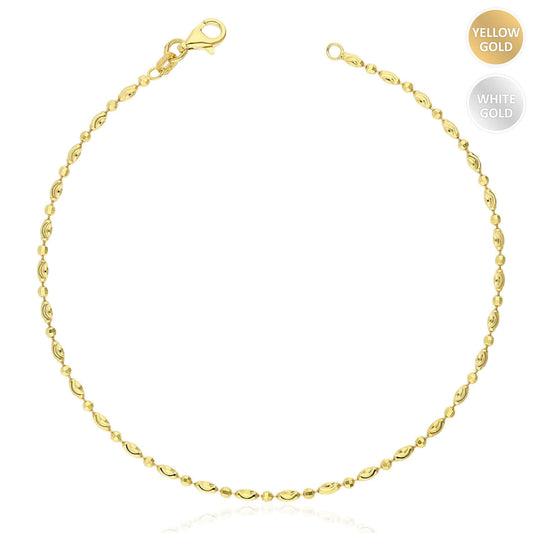 14K Yellow Gold Over Silver Moon-Cut Oval Ball Bead Anklet (Solid Links) 9"