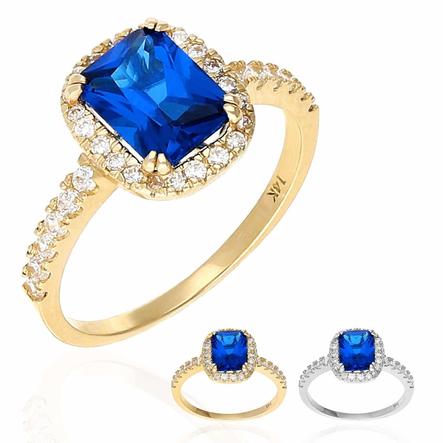 14K Gold Yellow White Emerald Cut Blue Sapphire Zirconia Halo Engagement Ring