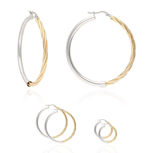 Yellow White Gold Over 925 Silver 3mm Half Shiny Half Twisted Hoop Earrings