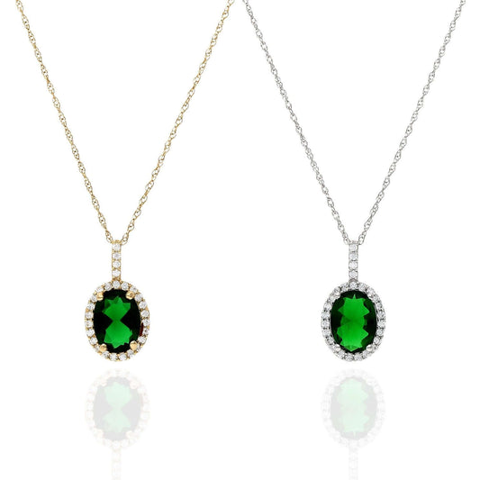 14K Gold 1.25CTW Simulated Emerald And Diamond Halo Oval Pendant