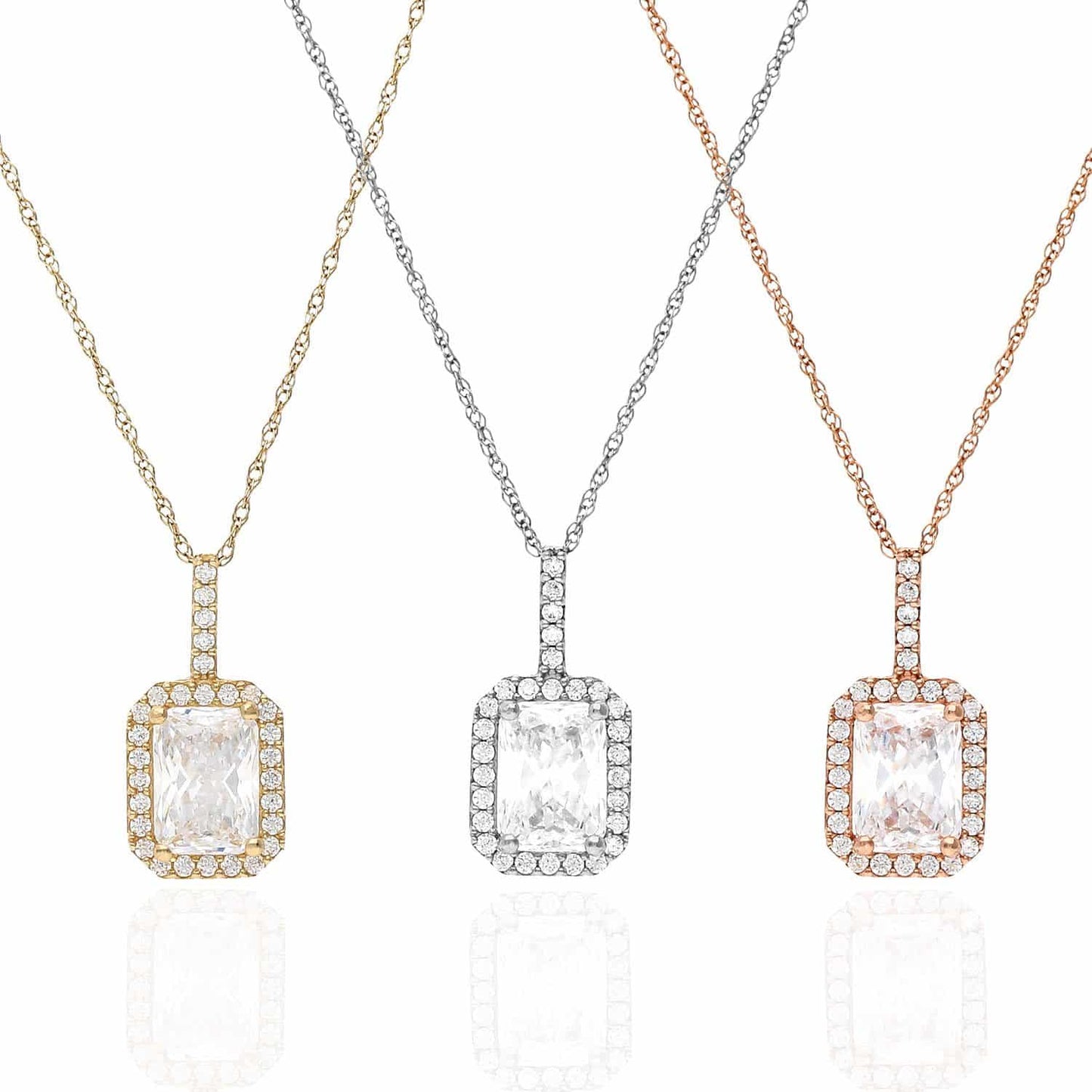 1.30CTW CZ 14K Gold Emerald-Cut Halo Pendant Necklace 18"