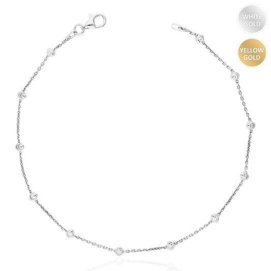 Yellow White Gold Over Sterling Silver Moon-Cut Bead Station Anklet (Solid Links) 9"