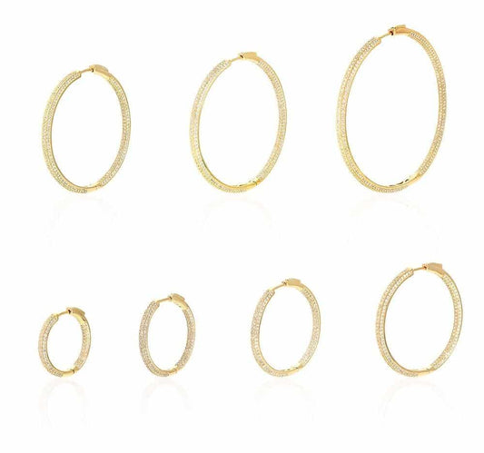 14k Yellow Gold Over 925 Sterling Silver Pave CZ Hoop Earrings