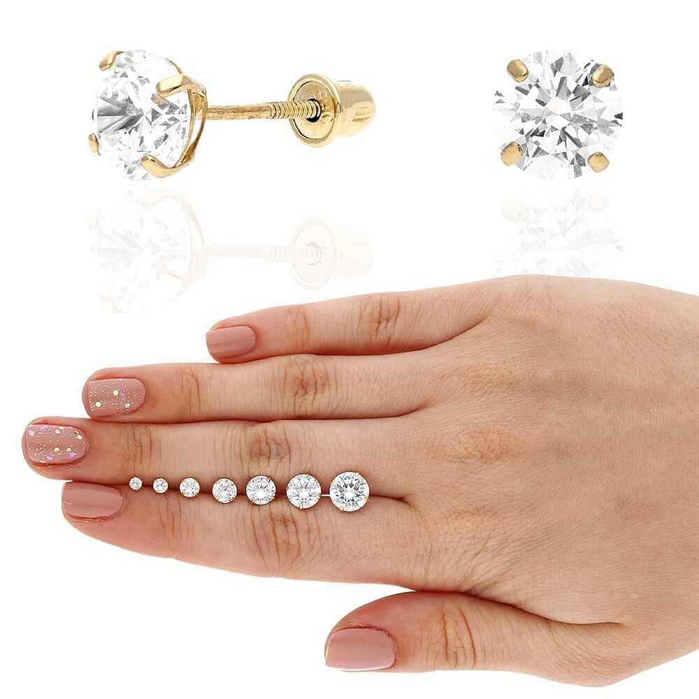 Real 14K Gold CZ Stud Screw Back Earrings 0.10Ct-4Ct
