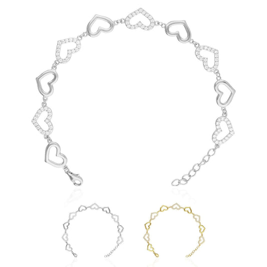 Yellow White Gold Over Sterling Silver Open Heart CZ Bracelet (Solid Links) 7.5"-8.5" Adjustable