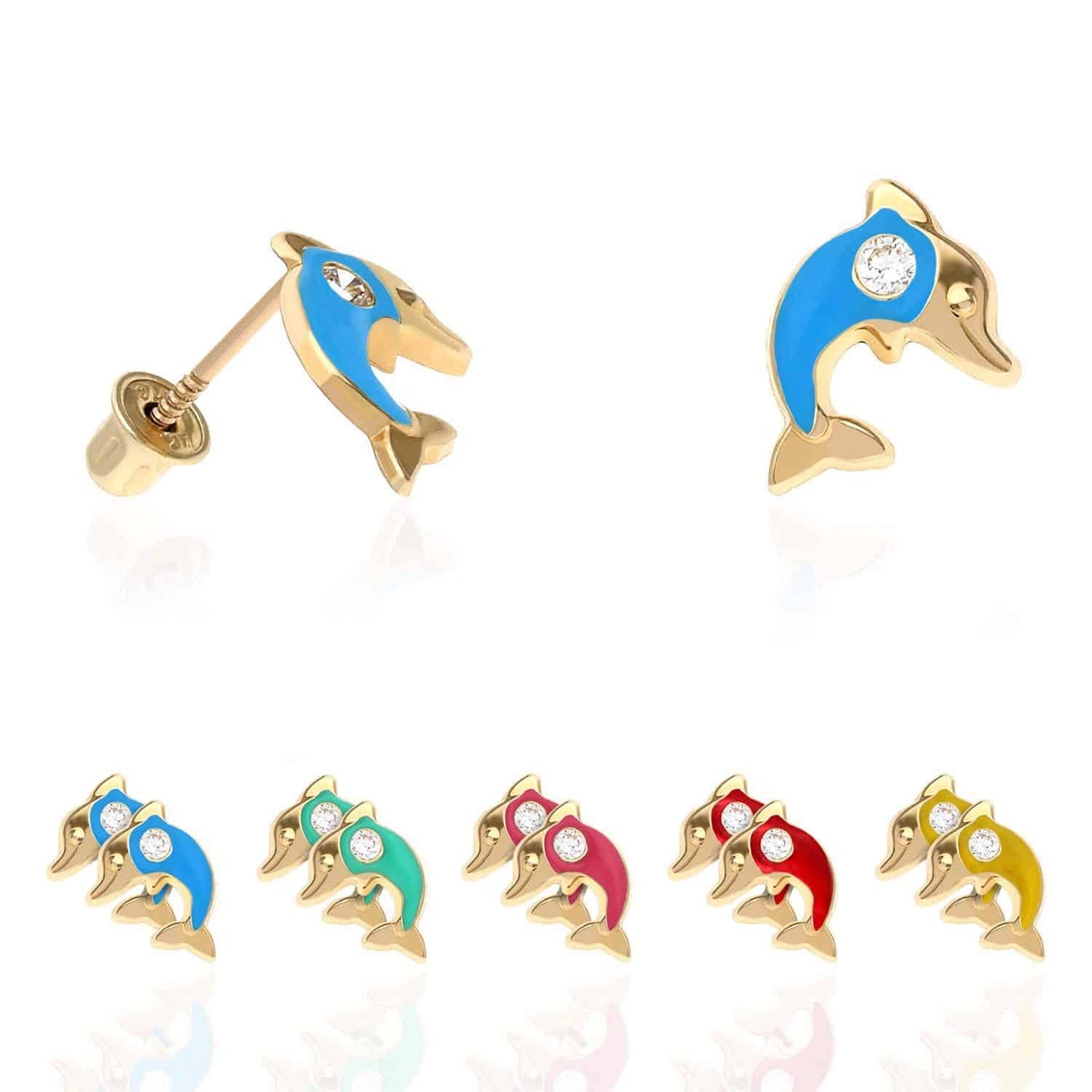 Kid's 14K Yellow Gold CZ Enamel Dolphin Screw Back Stud Earrings
