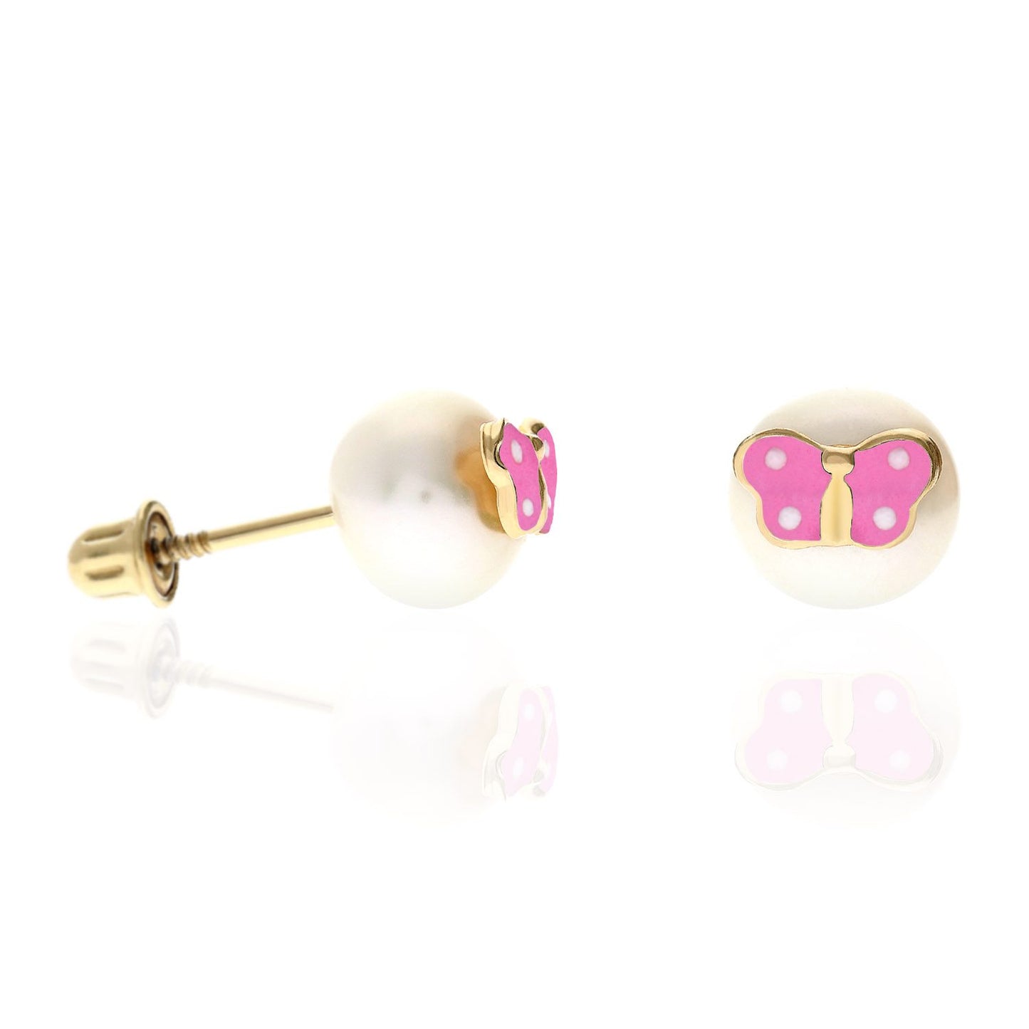 Kid's 14K Yellow Gold Enameled Butterfly On White Pearl Screw Back Stud Earrings