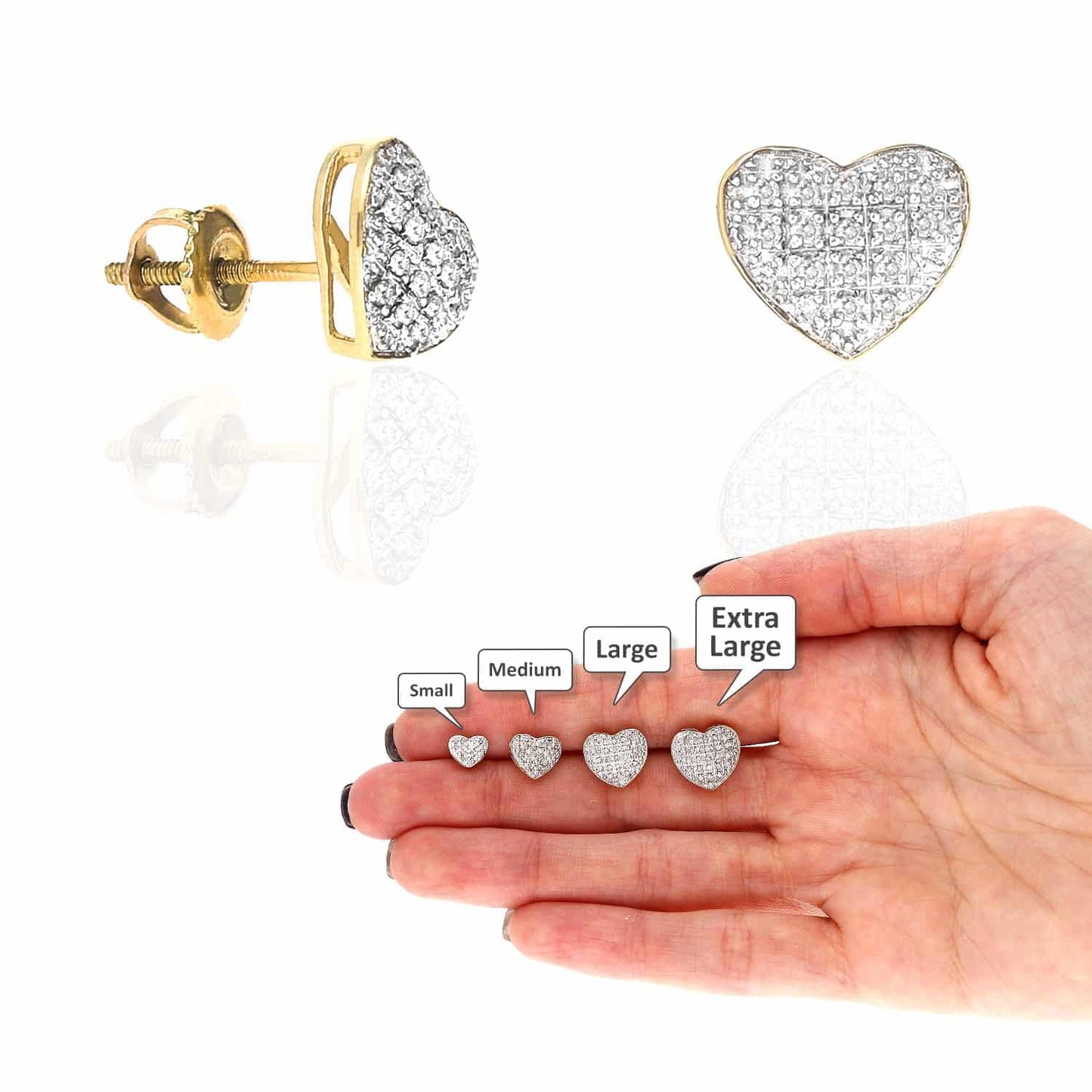 0.10Ct -0.35Ct Real Diamond Pave Heart Stud Earrings 10k Yellow Gold