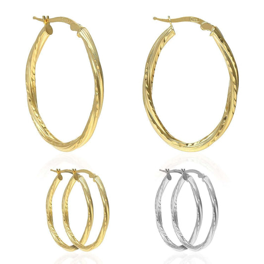 Yellow White Gold Tone Twisted Tube Diamond-Cut Oval 925 Silver Hoop Earrings