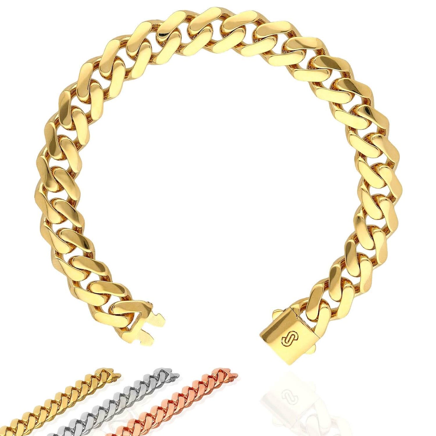 14K Yellow Gold White Rose 11.5mm MONACO Miami Box Clasp Bracelet (Hollow) 8.25"