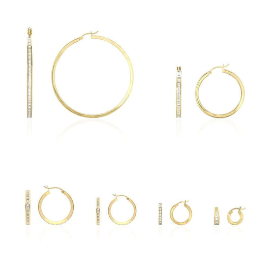 14K Yellow Gold Channel Set Princess-Cut CZ Hoop Earrings 12mm-60mm