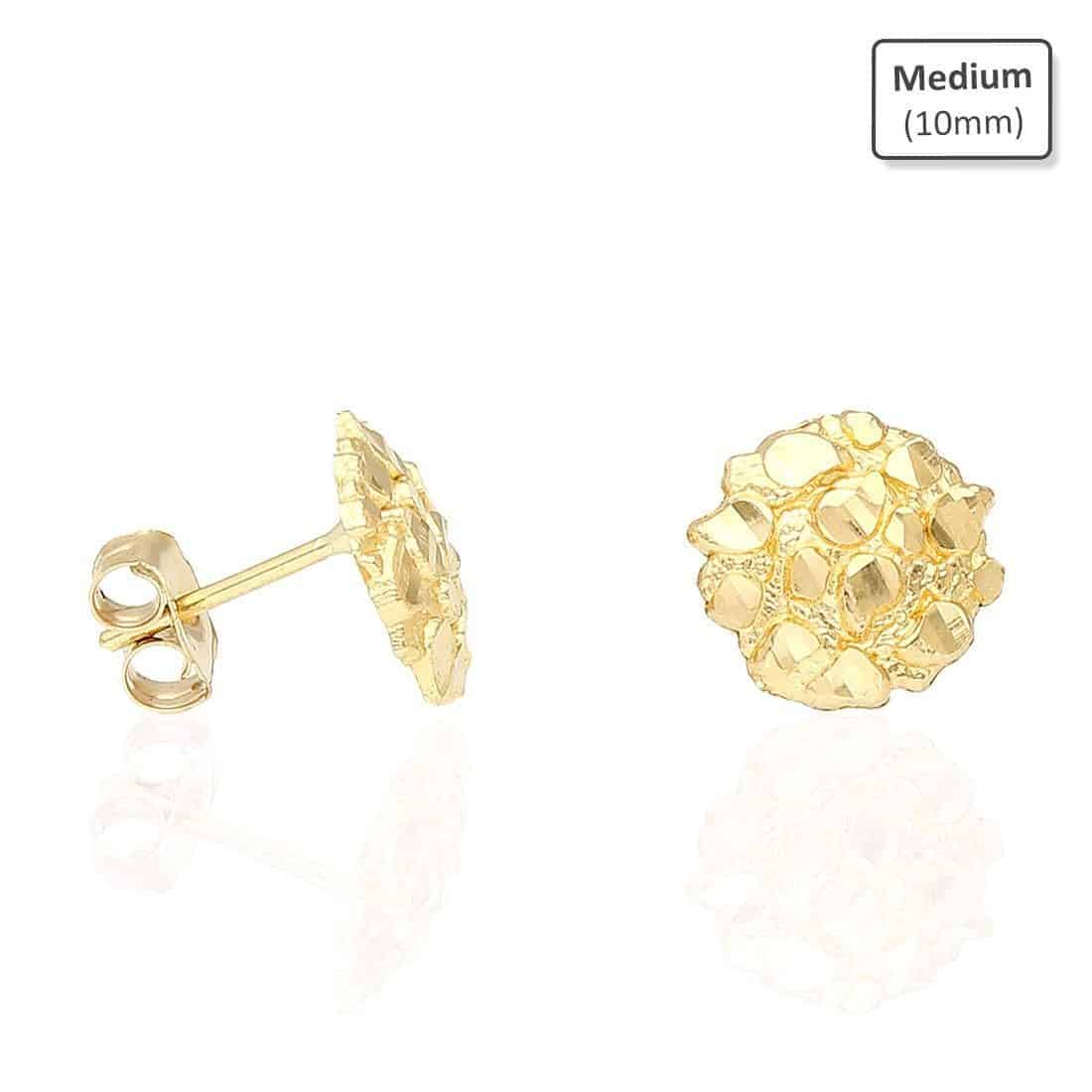 10K Real Gold Round Nugget Pushback Stud Earrings 8mm, 10mm, 15mm