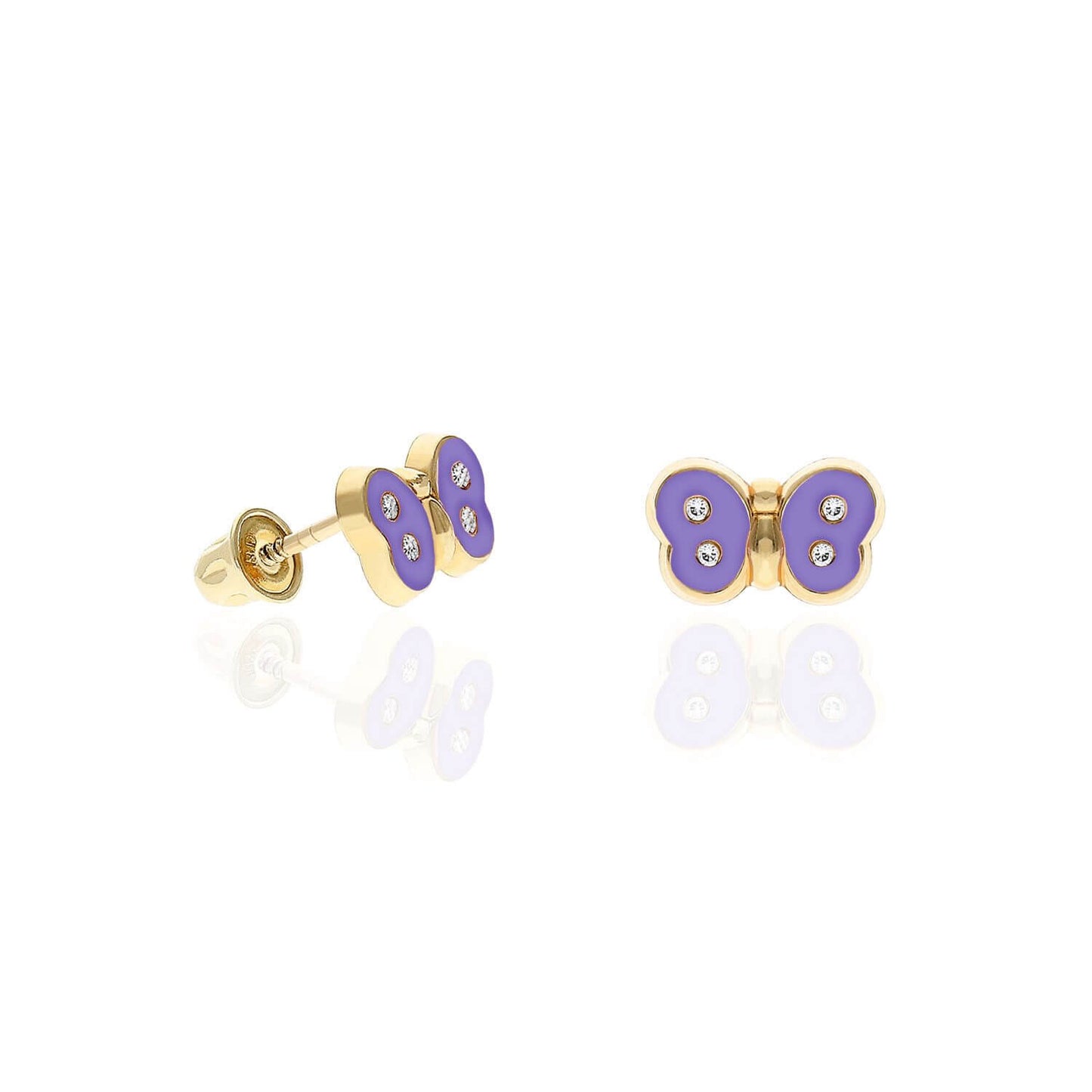 Kids 14K Yellow Gold CZ Color Enamel Butterfly Stud Earrings