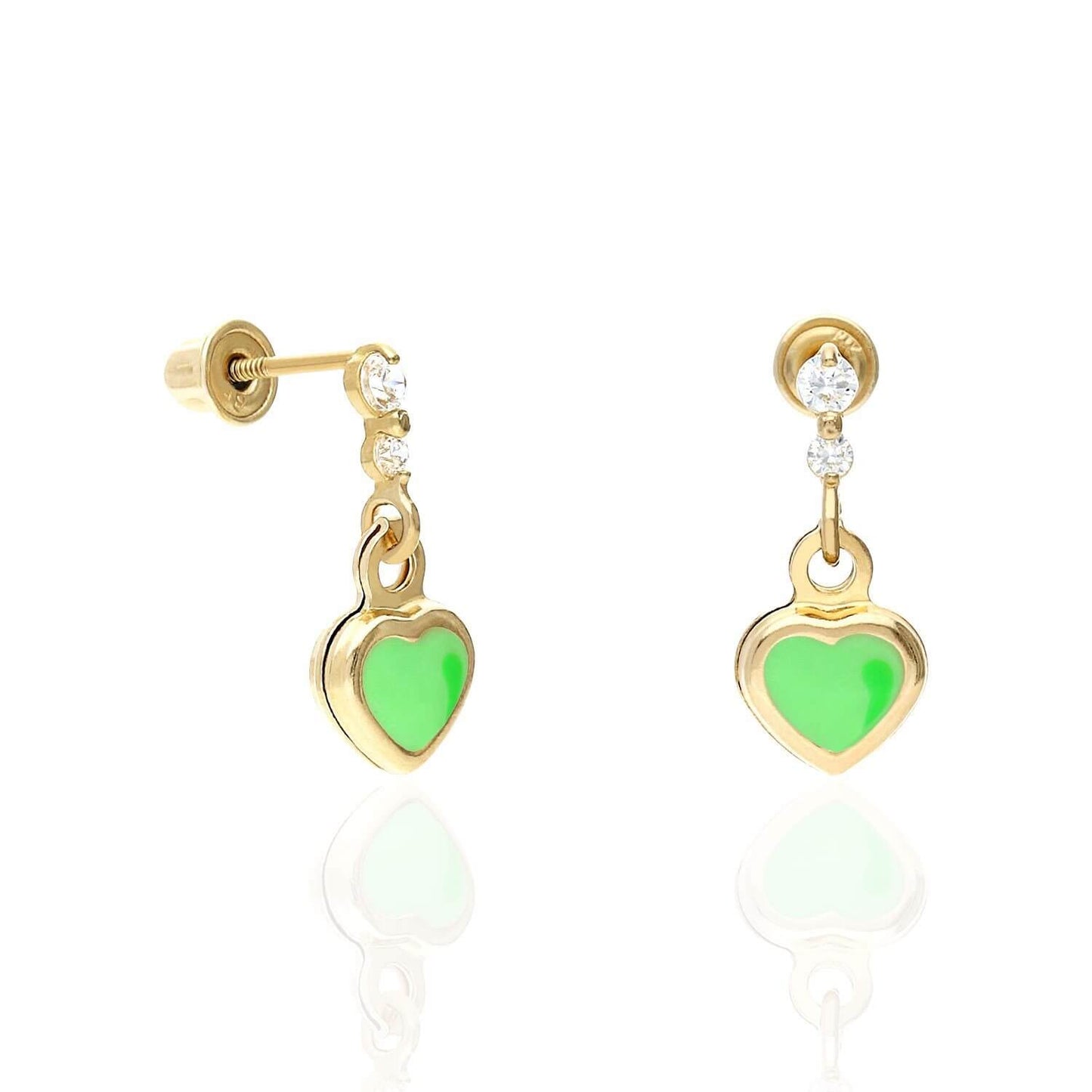 Kids 14K Yellow Gold CZ Enamel Heart Stud Earrings