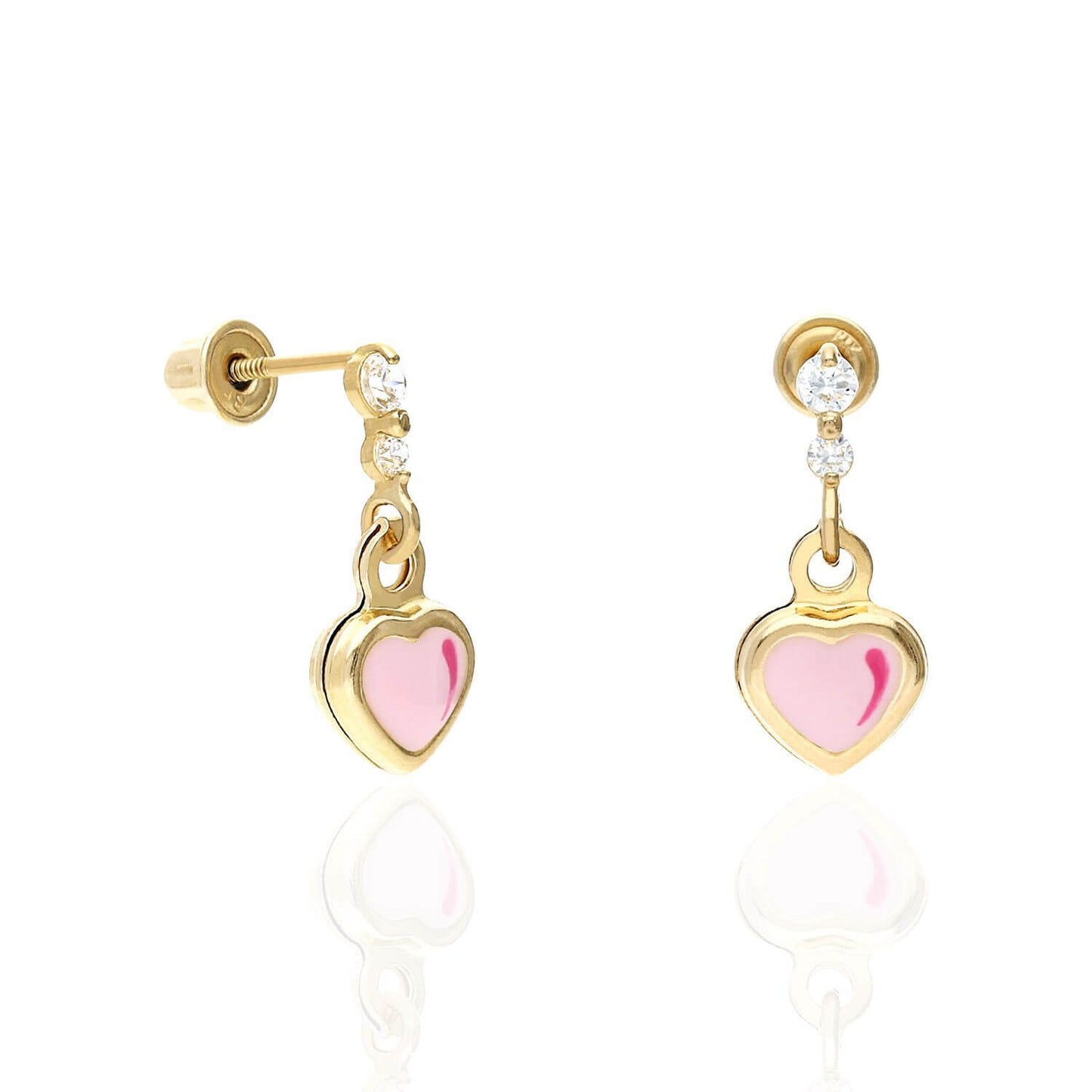 Kids 14K Yellow Gold CZ Enamel Heart Stud Earrings