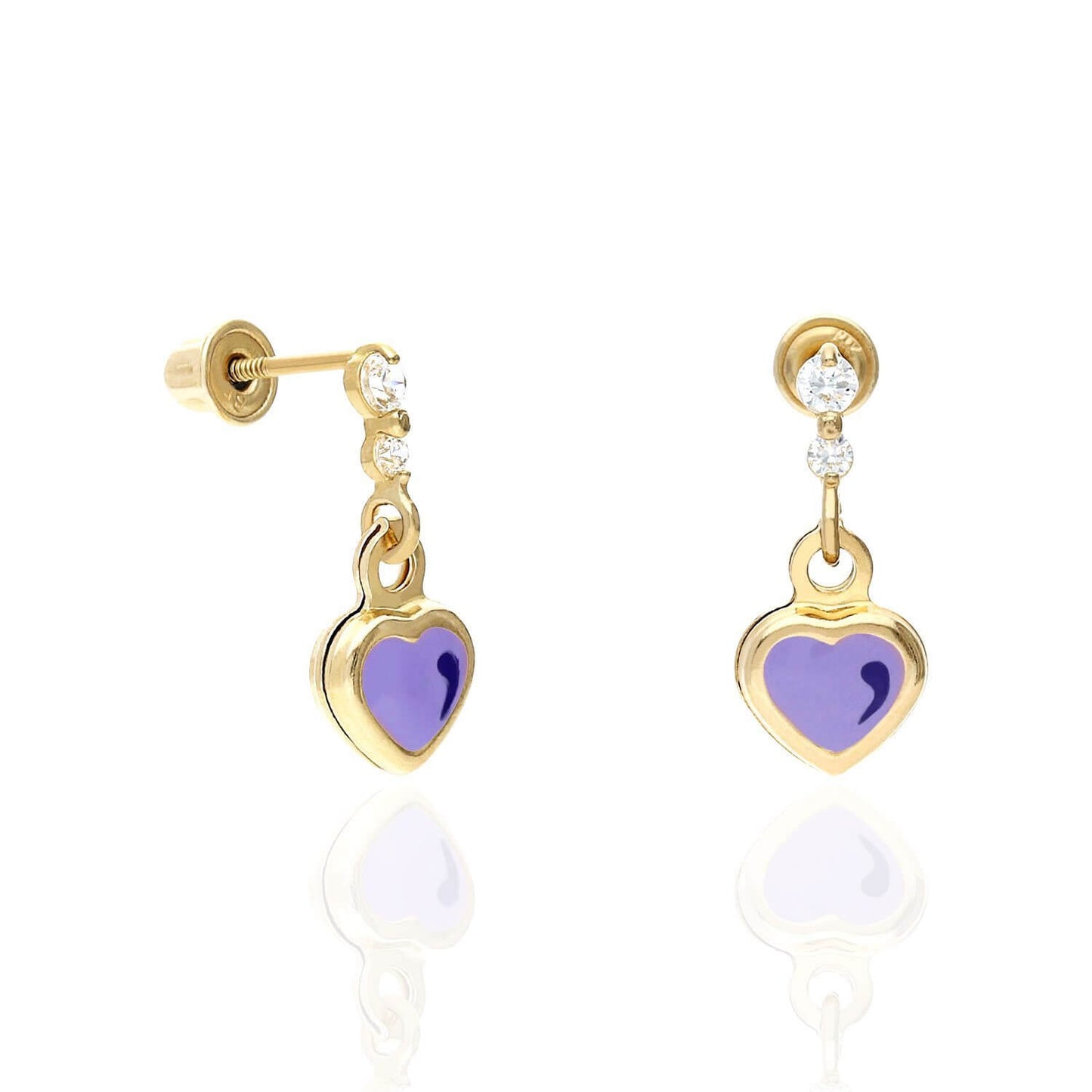 Kids 14K Yellow Gold CZ Enamel Heart Stud Earrings