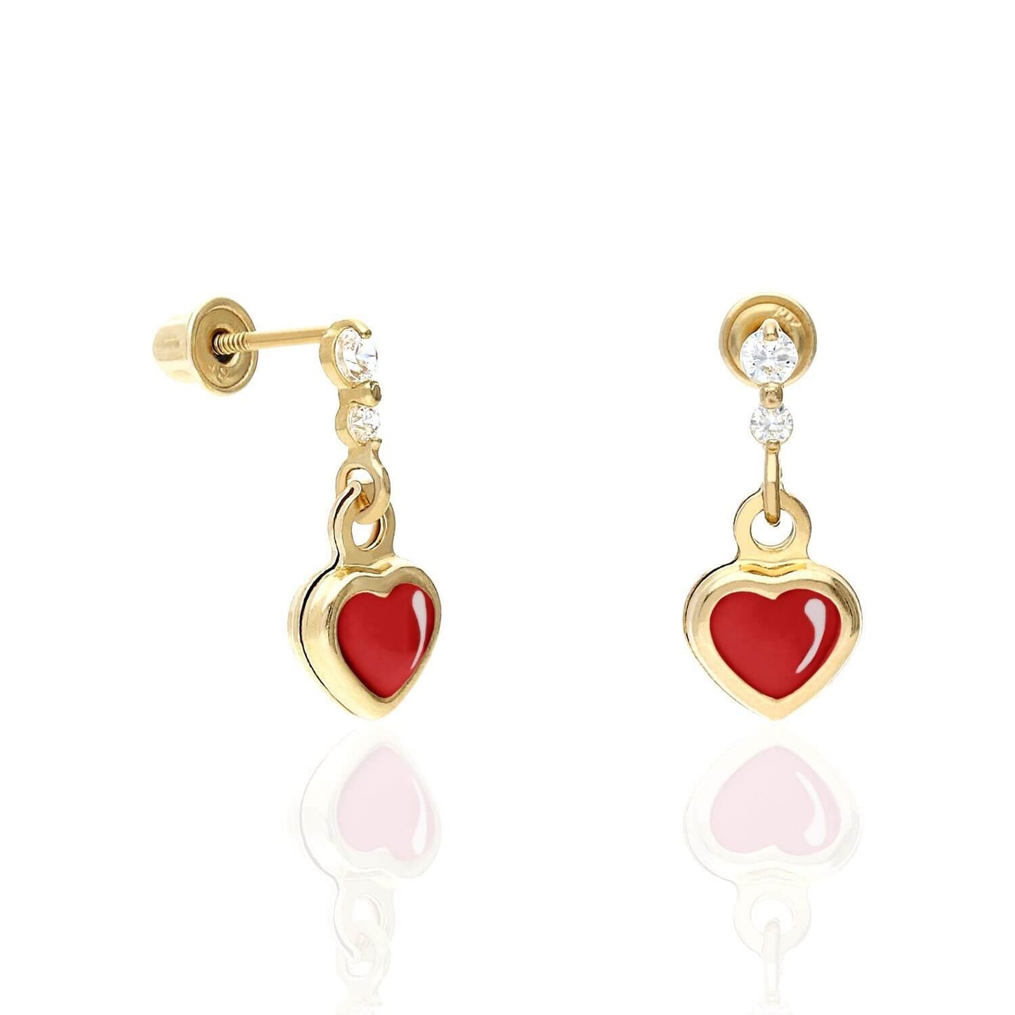 Kids 14K Yellow Gold CZ Enamel Heart Stud Earrings