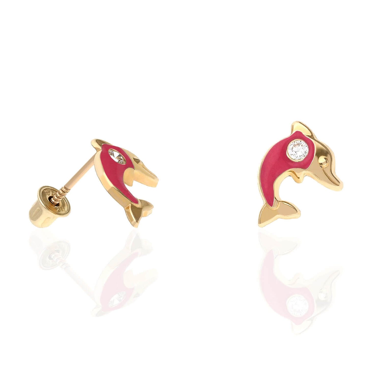 Kids 14K Yellow Gold CZ Enamel Dolphin Screw Back Stud Earrings