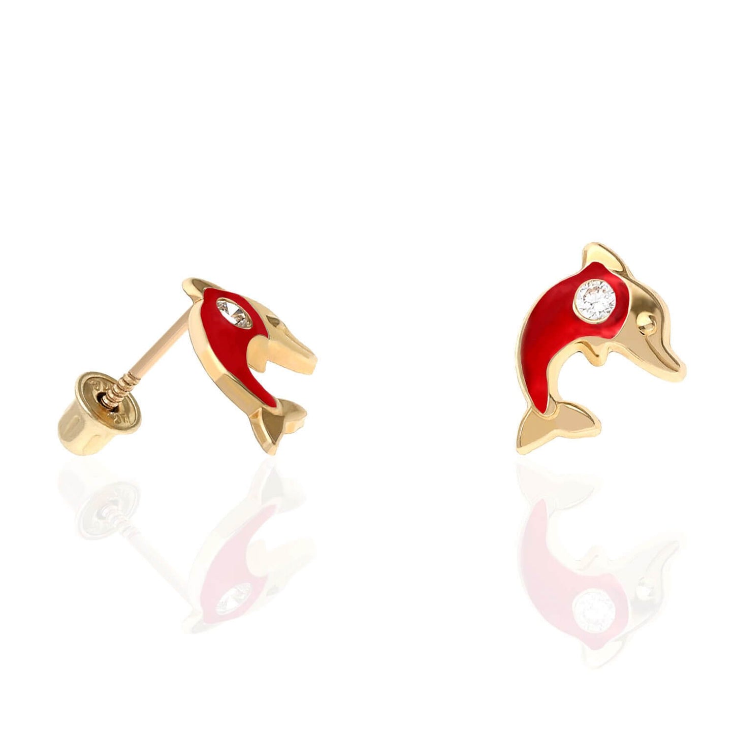 Kids 14K Yellow Gold CZ Enamel Dolphin Screw Back Stud Earrings