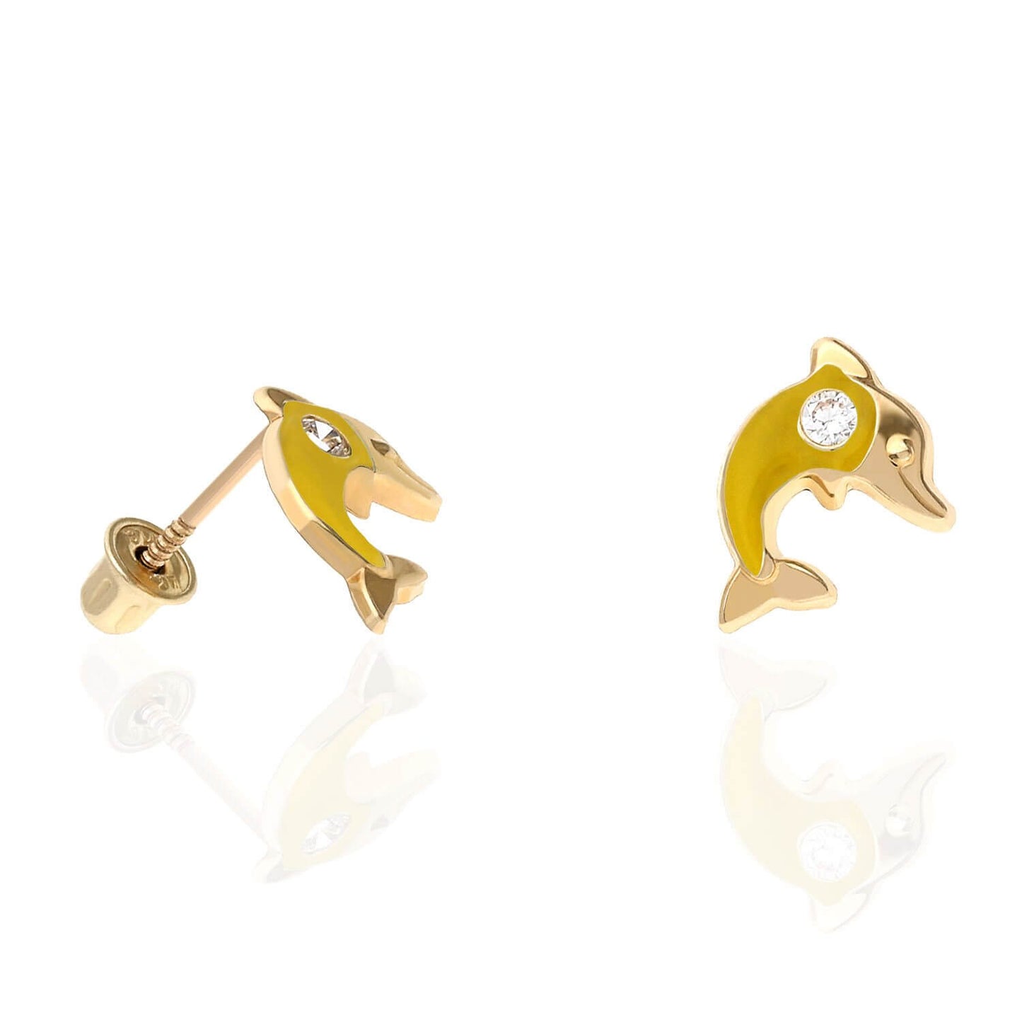 Kids 14K Yellow Gold CZ Enamel Dolphin Screw Back Stud Earrings