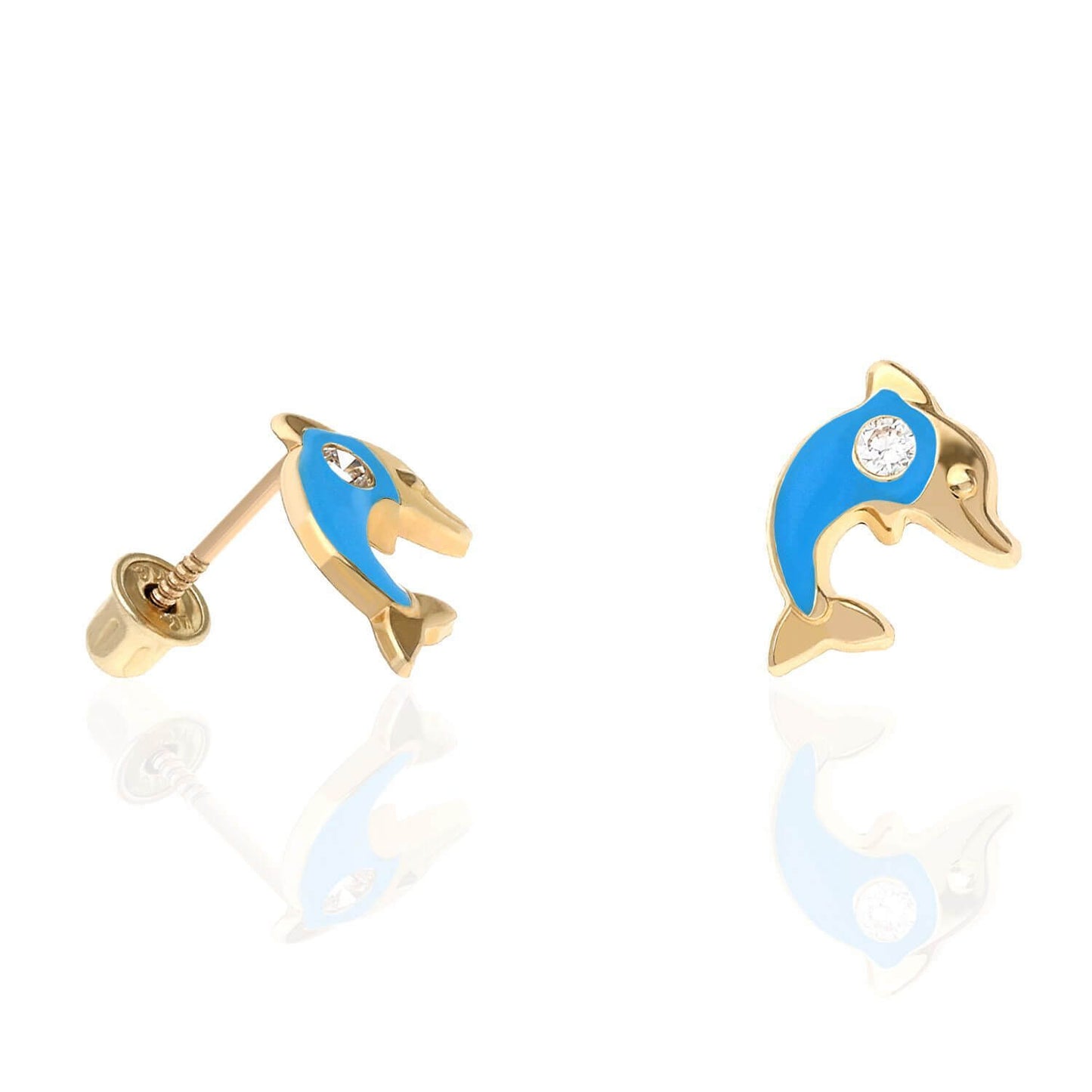 Kids 14K Yellow Gold CZ Enamel Dolphin Screw Back Stud Earrings