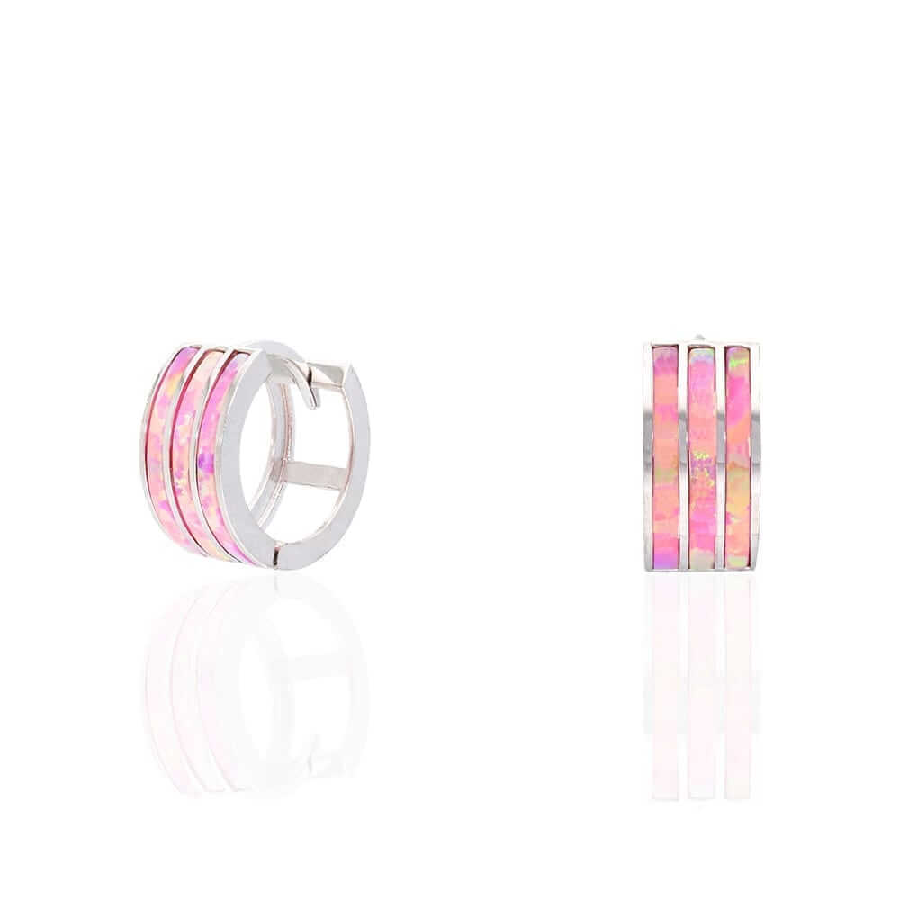 925 Sterling Silver 3-Stripe Fire Opal Huggie Hoop Earrings 0.5"