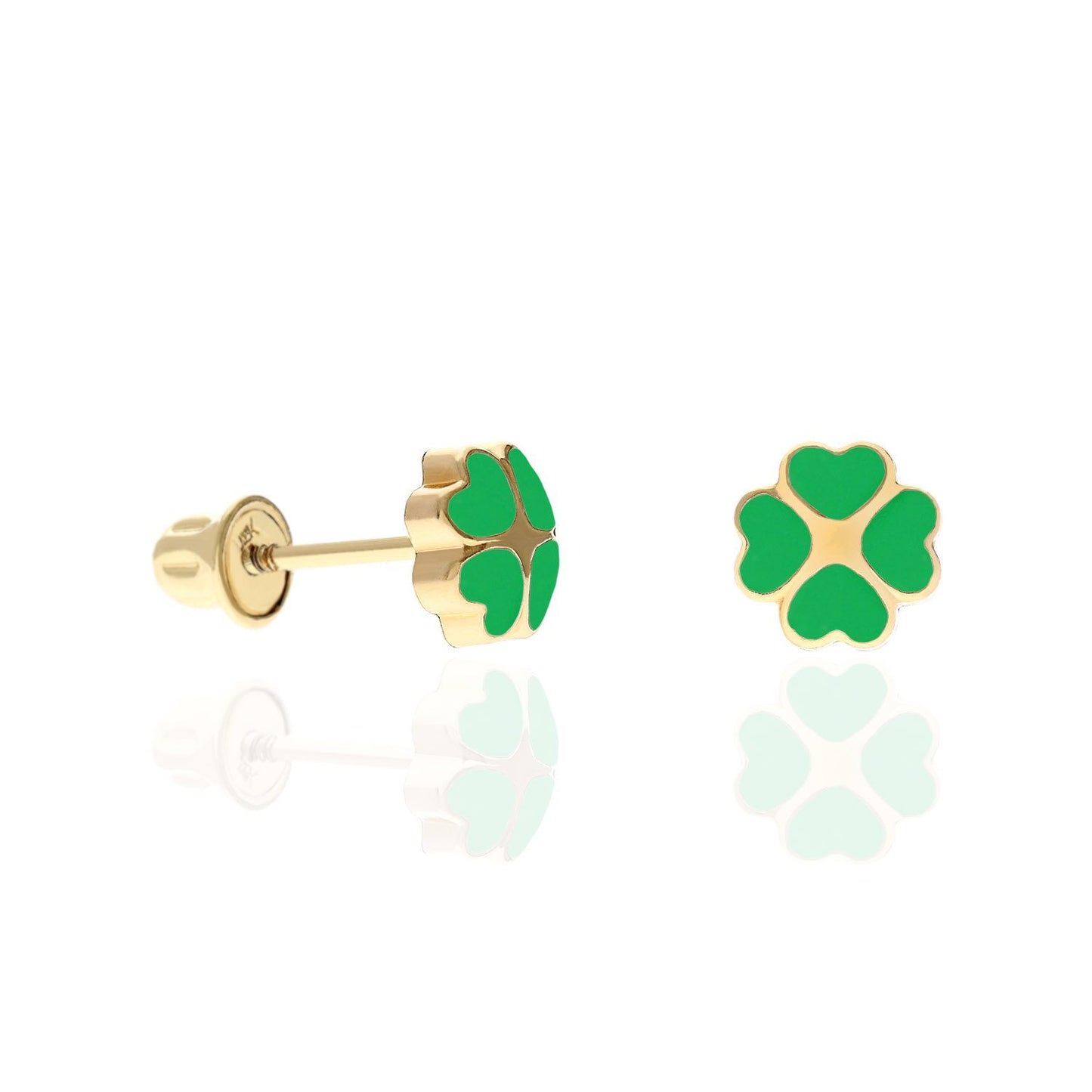 14K Solid Yellow Gold Enameled Heart Flower Kids Earrings
