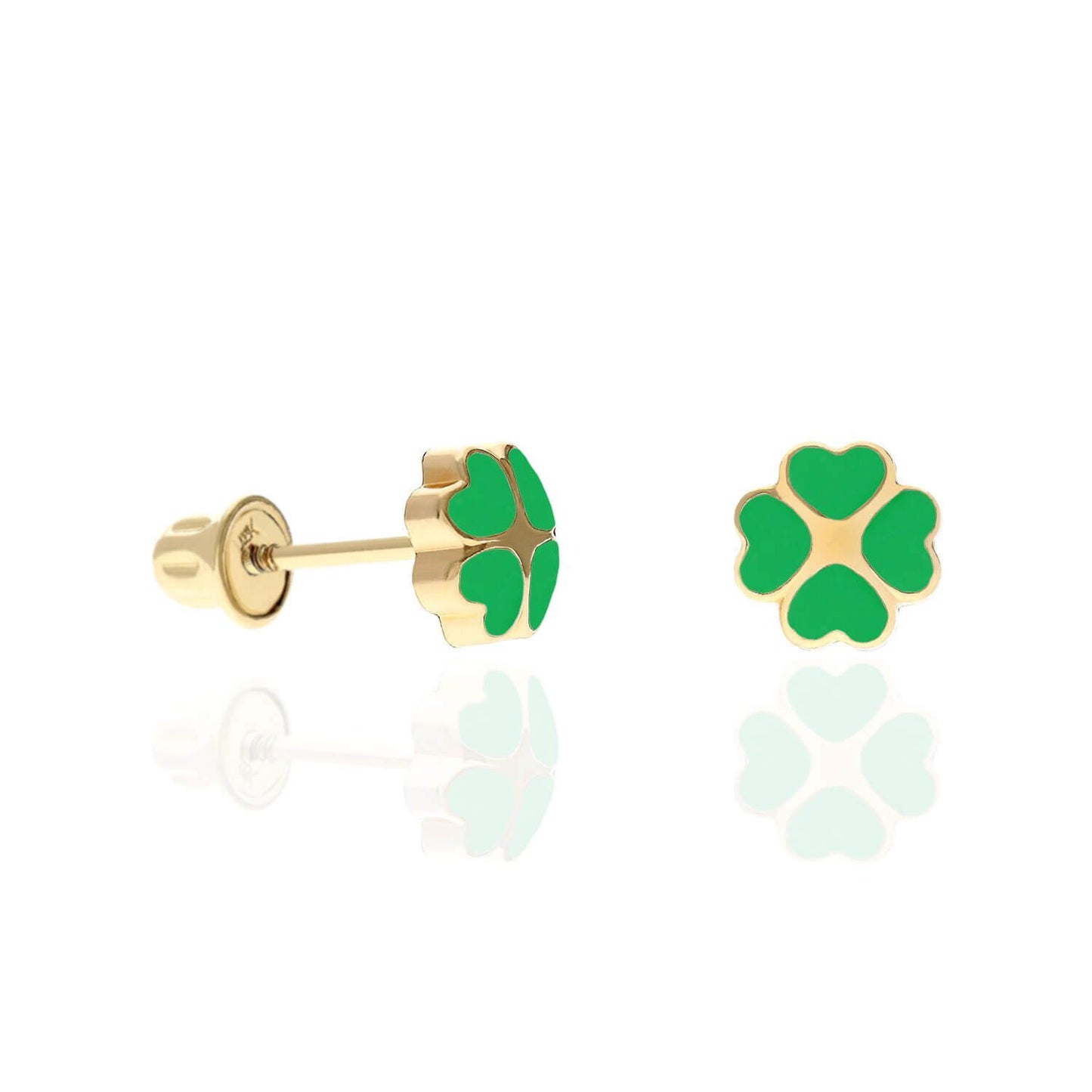 14K Yellow Gold Enameled Heart Flower Kids Earrings