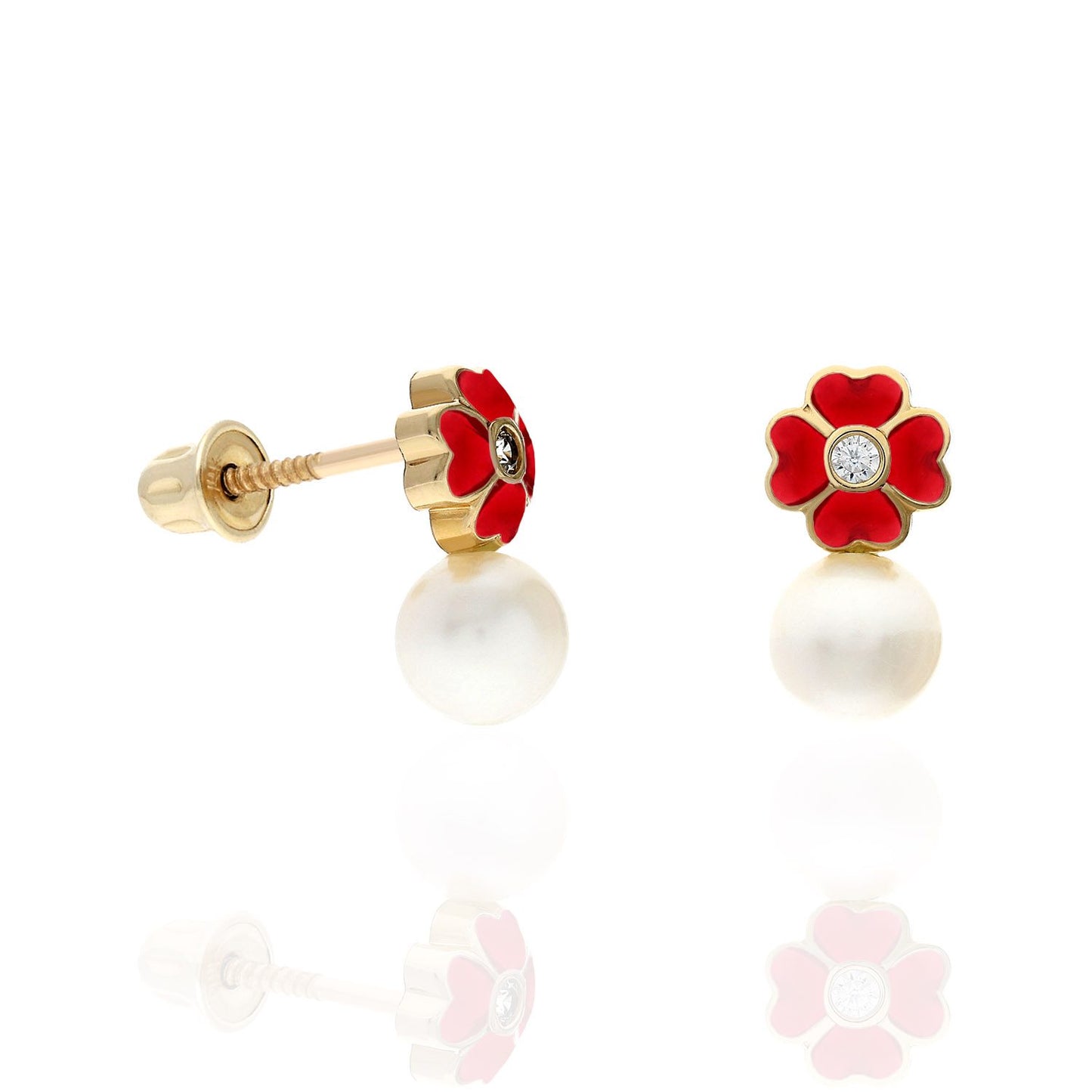 14K Yellow Gold Enameled Flower Pearl CZ Screw Back Stud Earrings
