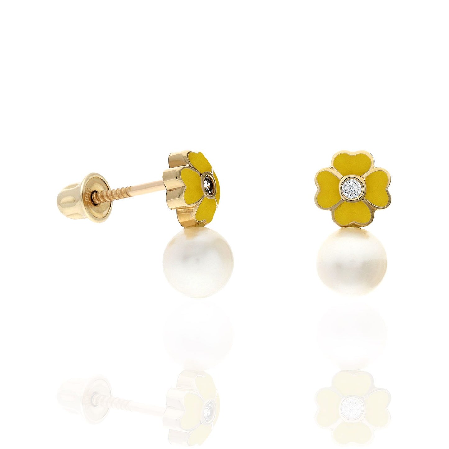 14K Yellow Gold Enameled Flower Pearl CZ Screw Back Stud Earrings