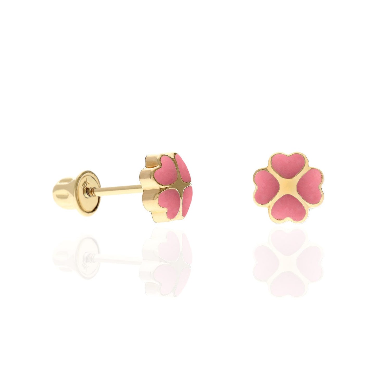 14K Solid Yellow Gold Enameled Heart Flower Kids Earrings