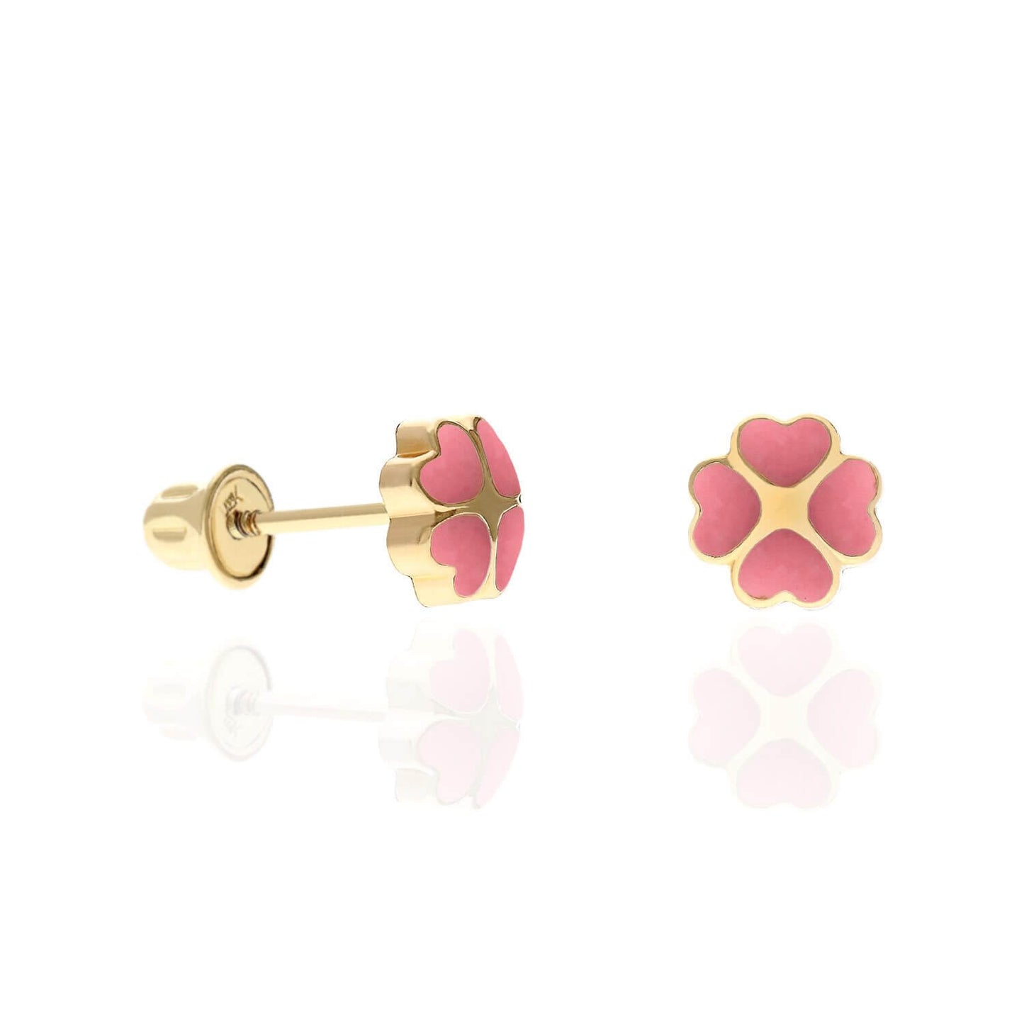 14K Yellow Gold Enameled Heart Flower Kids Earrings