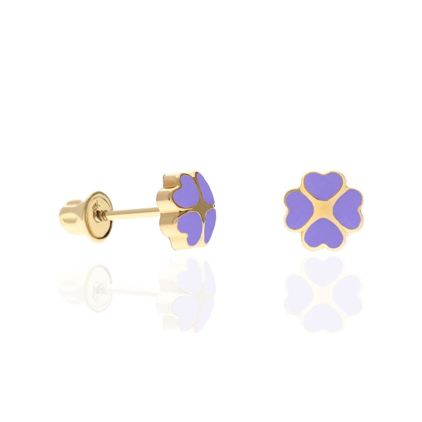 14K Solid Yellow Gold Enameled Heart Flower Kids Earrings