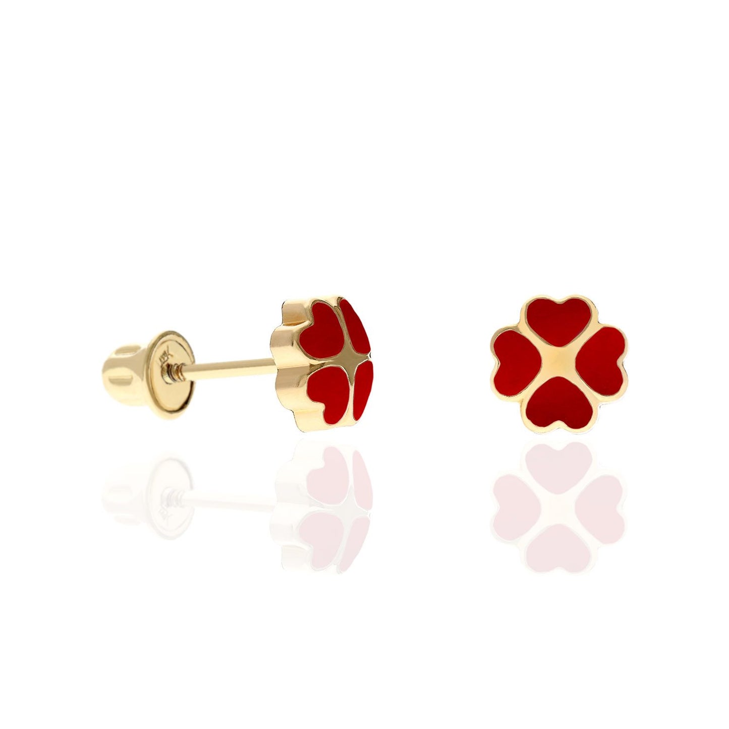 14K Solid Yellow Gold Enameled Heart Flower Kids Earrings