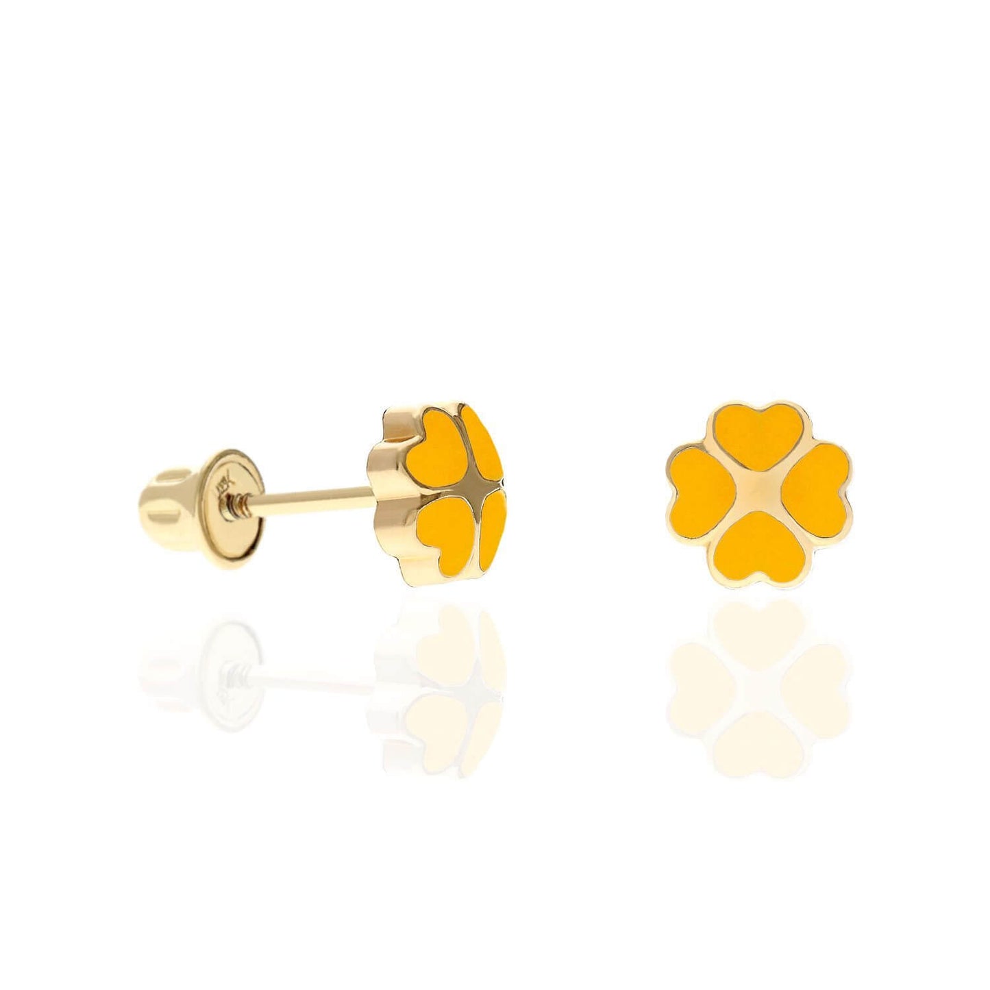 14K Yellow Gold Enameled Heart Flower Kids Earrings
