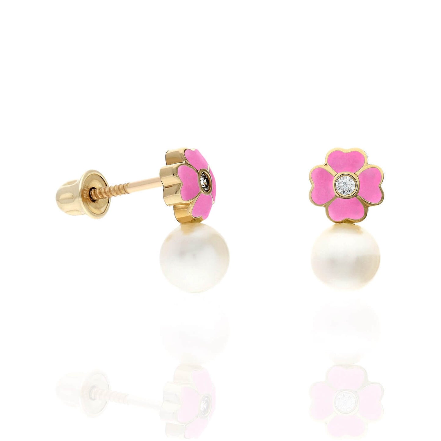 14K Yellow Gold Enameled Flower Pearl CZ Screw Back Stud Earrings