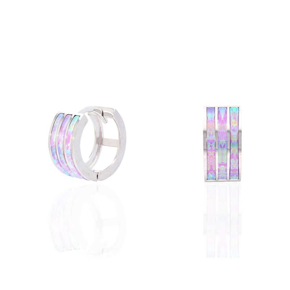 925 Sterling Silver 3-Stripe Fire Opal Huggie Hoop Earrings 0.5"