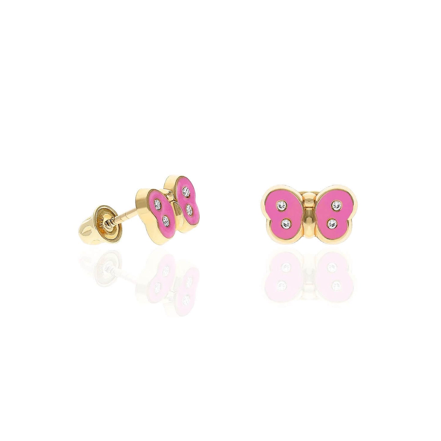 Kids 14K Yellow Gold CZ Color Enamel Butterfly Stud Earrings