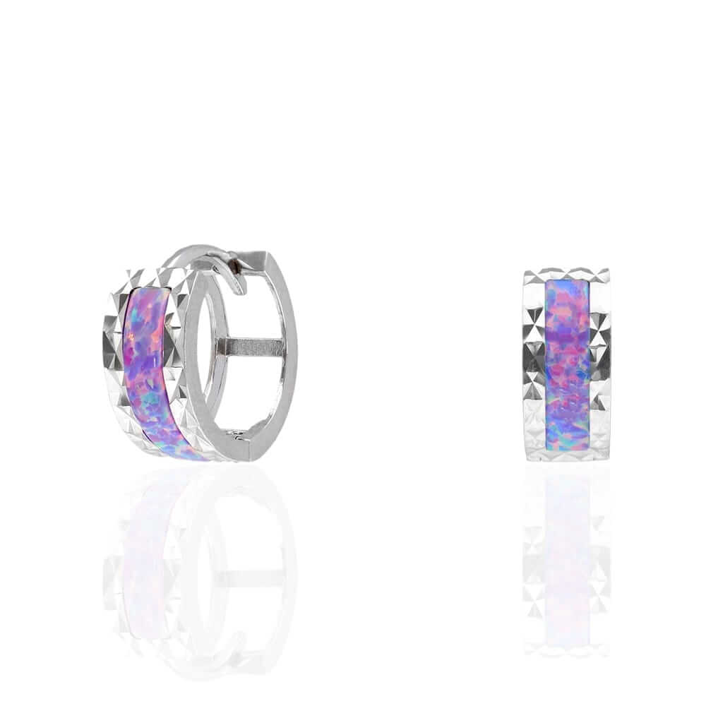 14k White Gold Diamond-Cut Fire Opal Huggie Hoop Earrings 0.5"