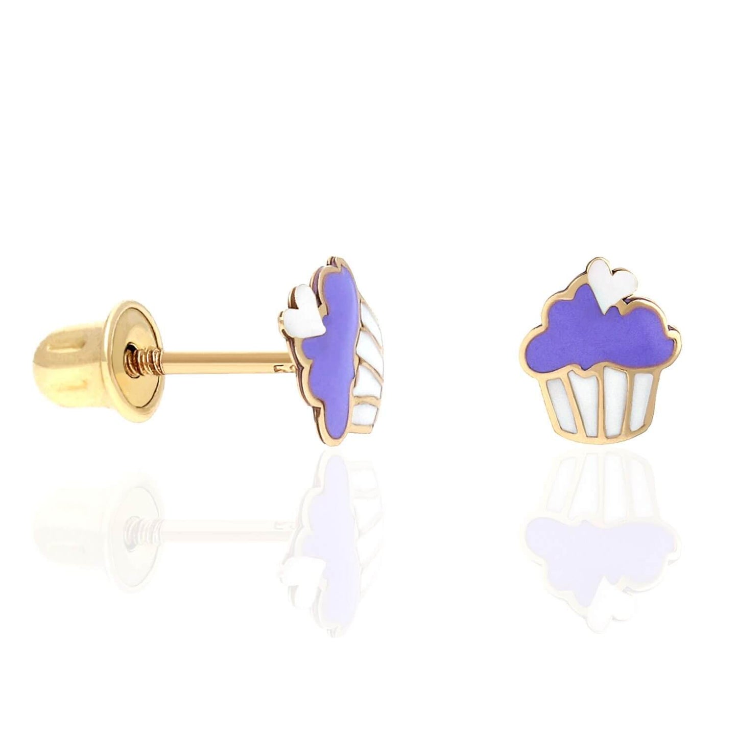 Kid's 14K Solid Yellow Gold Enameled Small Cupcake Screw Back Stud Earrings