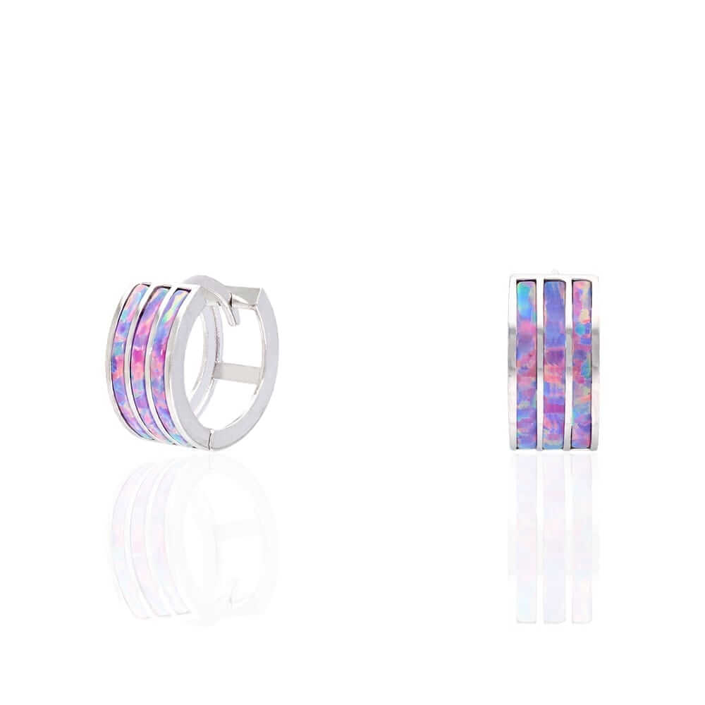925 Sterling Silver 3-Stripe Fire Opal Huggie Hoop Earrings 0.5"